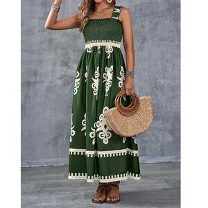 Ueal Green Wide Strap Smocked Maxi Dress